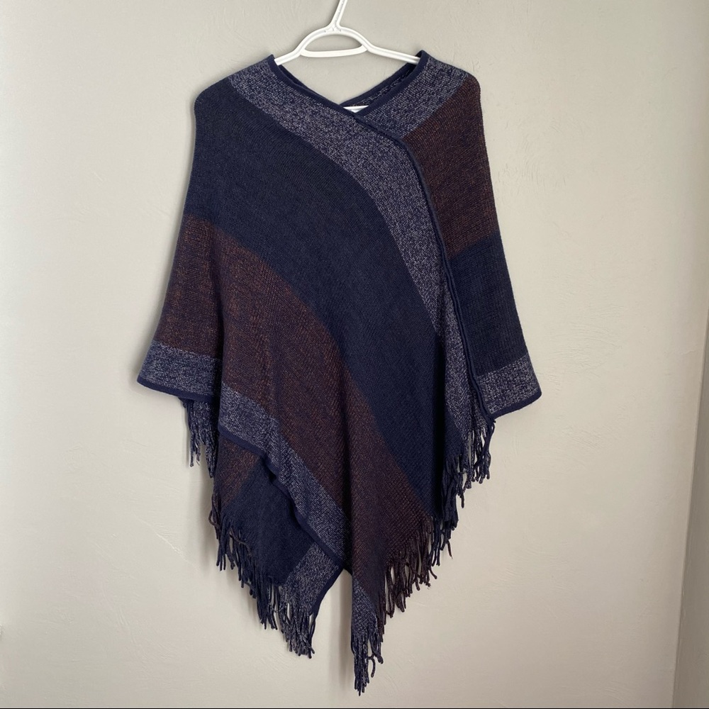 Comfy Blue Poncho with Fringe